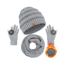 LOROME 3pc Winter Beanie Hat Scarf and Touchscreen Gloves Set Grey NWOT